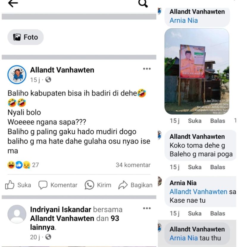 Akun Facebook @Allandt Vanhawten/RA yang diduga kuat sebagai pelaku pengerusakan/penghilangan APK Milik Caleg Kabupaten Halmahera Barat dari Partai Hanura atas Nama Ruslan Habsyi (Istimewa)