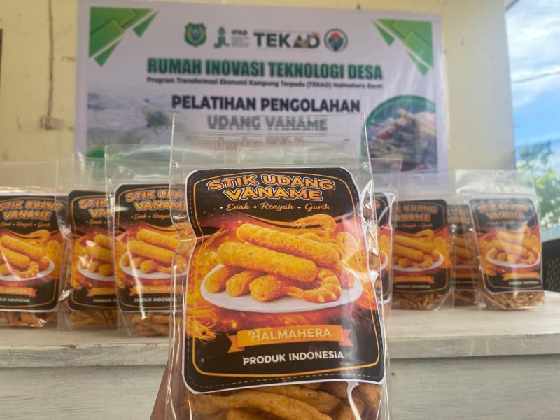 Stik udang vannamei hasil inovasi Rumah Inovasi Teknologi Desa (RITD) Tuada, Kecamatan Jailolo, Halmahera Barat, yang diproduksi melalui pelatihan pengolahan sebagai upaya meningkatkan nilai tambah komoditas perikanan berbasis potensi lokal.