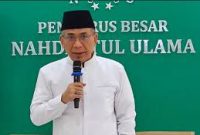 Ketua Umum Pengurus Besar Nahdlatul Ulama Yahya Cholil Staquf setelah diskusi rutin di Kantor PBNU, Jakarta, 9 Desember 2025.