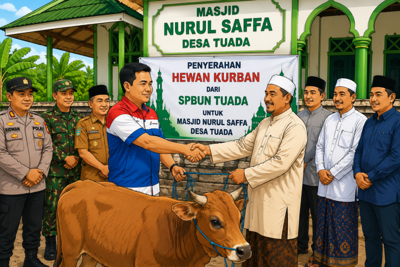 Ilustrasi penyerahan bantuan Hewan Qurban Idul Adha 1447 Hijriah kepada Masjid Nurul Saffa Desa Tuada 